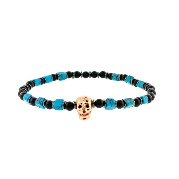 Silver Sterling Rose Gold Tone Skull Stones Beads Stretchy Bracelet By Ruigos