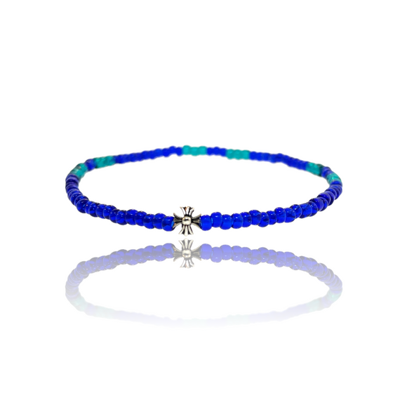 Ruigos Bracelet Mini Cross Silver Sterling 924 Beaded Glass Beads Blues