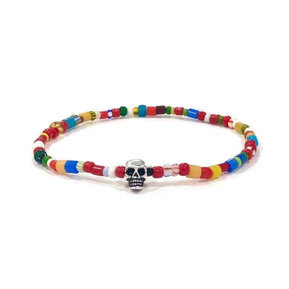 Silver 925 Skull Colorful Glass Beads Stretchy Bracelet By Ruigos