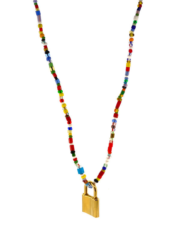 Necklace Colorful Glass Beads African Stainless Steel Padlock By Ruigos