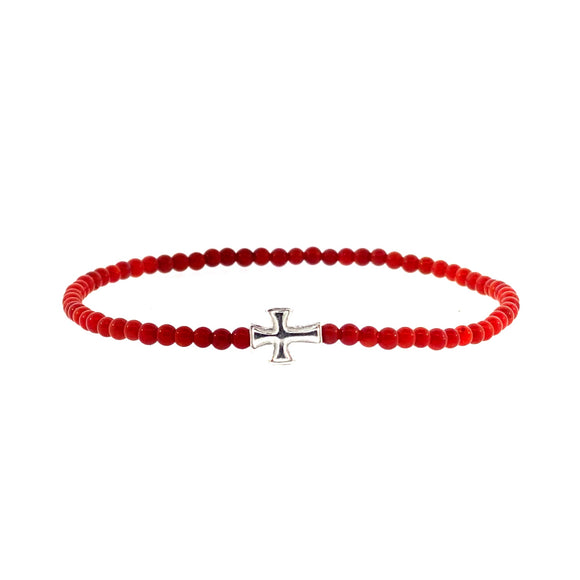 Silver Sterling Cross Beaded Bracelet Red Coral by Ruigos